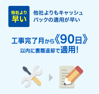 他社より早い 他社よりもキャッシュバックの適用が早い 工事完了月から《90日》以内に書類返却で適用！