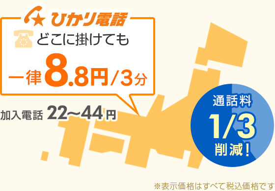 どこに掛けても一律8.8円/3分 通話料1/3の通信コストの削減！