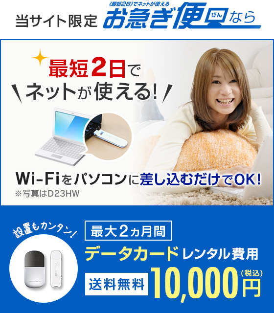 当サイト限定 お急ぎ便なら最短2日でネットが使える！Wi-Fiをパソコンに差し込むだけでOK！設置もカンタン！最大2ヵ月間 データカードレンタル費用 送料無料10,000円（税込）