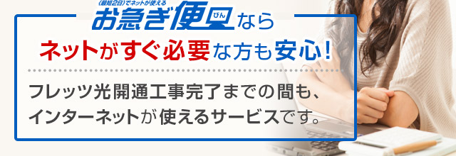 お急ぎ便ならネットがすぐ必要な方も安心！フレッツ光開通工事完了までの間も、インターネットが使えるサービスです。