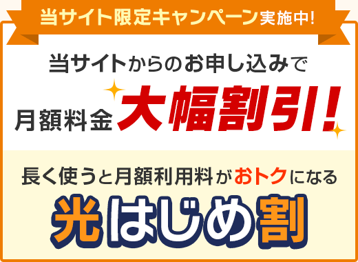 当サイト限定キャンペーン実施中！当サイトからのお申し込みで月額料金大幅割引！長く使うと月額利用料がおトクになる NEW 光はじめ割